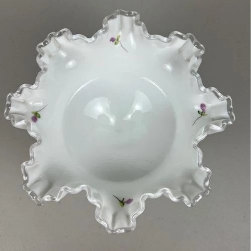 Fenton Milk Glass Violets in the Snow Ruffled Silver Crest Pedestal Compote Bowl